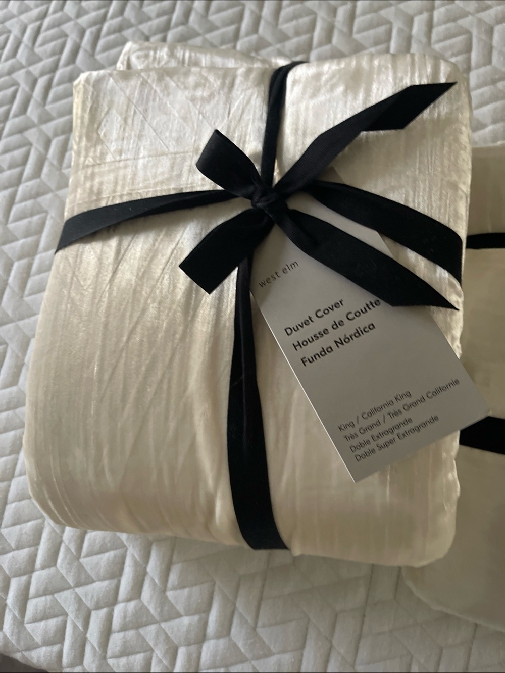 West Elm Cream Duvet Cover with Black Ribbon
